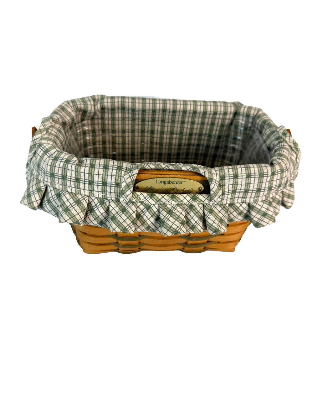 2001 Longaberger Dresden Green Weave Basket w/Plaid Liner & Protector Signed